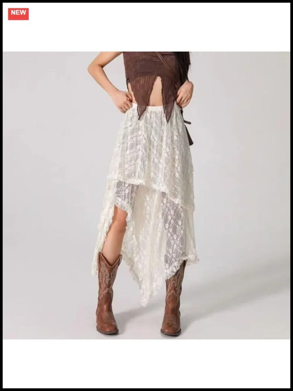Women's Lace Maxi Skirt Asymmetrical Ruffle Sheer Flowy